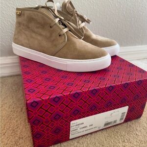 Tory Burch Light Camel Suede High-Top Sneakers with White Soles